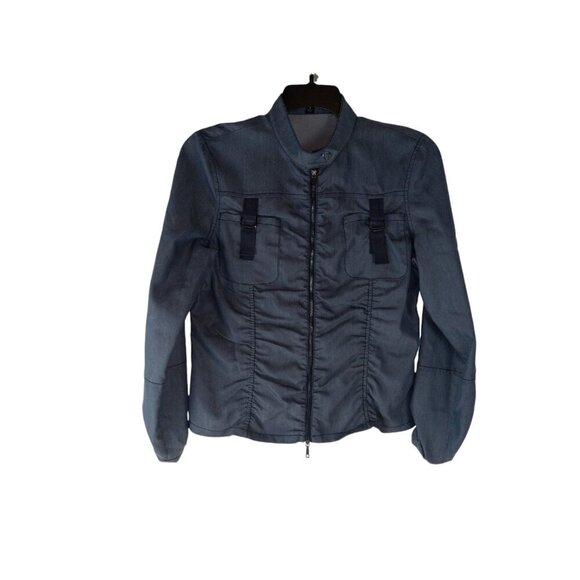 Lafayette 148 Womens Jacket Blue Ruched Utility Buckle Crew Neck Full Zip Size 8 - Picture 1 of 15